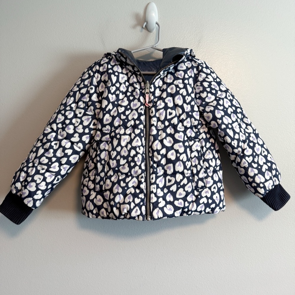 Crewcuts Reversible Kid’s Puffer Coat Heart Print Metallic Blue Size 4 - 5